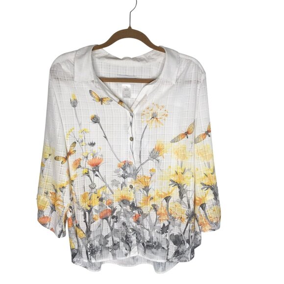 Alfred Dunner Shirt Womens XL White Floral Butterfly Button Front 3/4 Sleeve - Picture 1 of 16